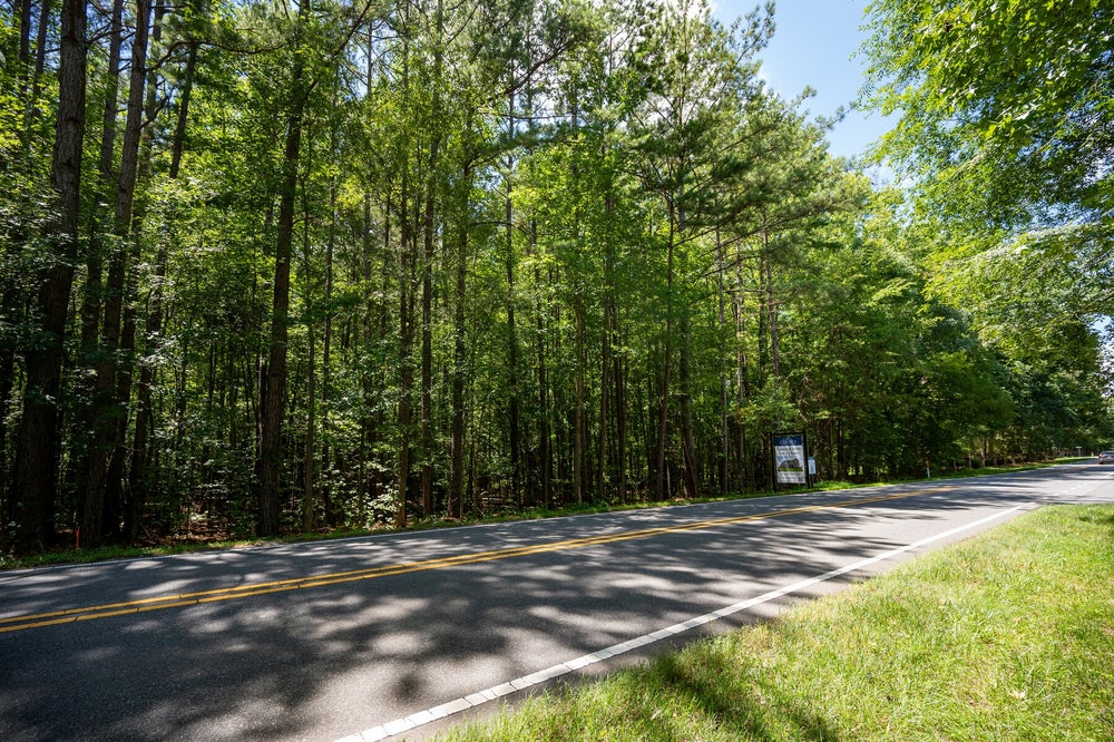Two-lane road bordered by tall green trees and a small community sign on the right side