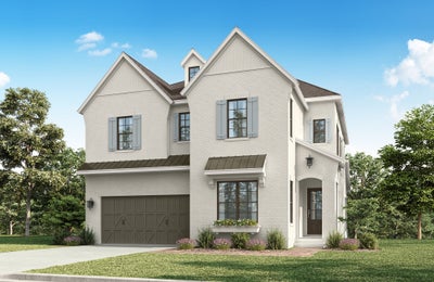 Two-story white brick home with gray shutters, two-car garage, and arched front entry