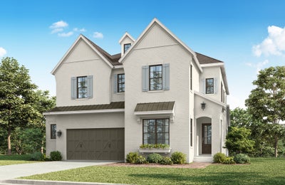 Two-story white brick home with two-car garage, gray shutters, and arched front entry door