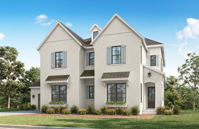 Two-story white brick home with gray shutters, metal awnings, and arched front entry surrounded by landscaping