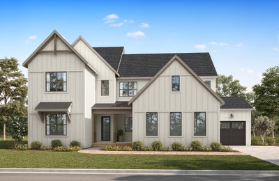 Two-story modern farmhouse with white board-and-batten siding, dark roof, covered entry, and two-car garage