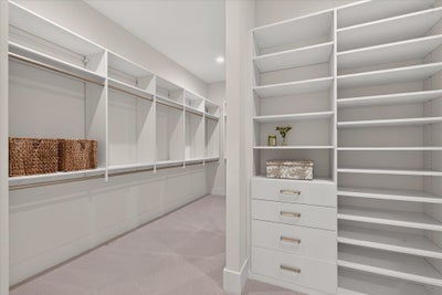Spacious walk-in closet with white built-in shelving, hanging rods, drawers, and carpet flooring