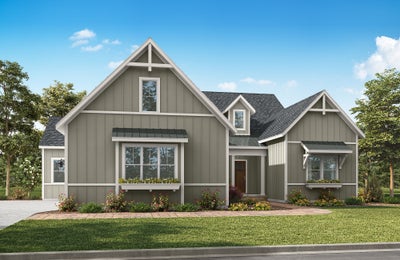 Craftsman-style home with gray board-and-batten siding, multiple gabled rooflines, and landscaped front yard