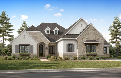 Single-story home with stone and stucco exterior, arched entry, dark shutters, and dormer windows above roofline