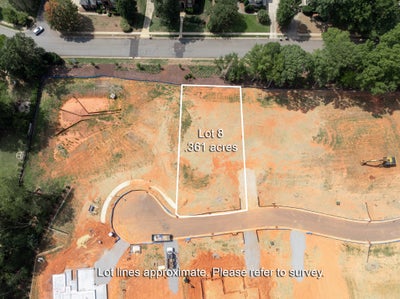 Aerial view of Lot 8, a 0.361-acre vacant residential lot in an active subdivision under development.