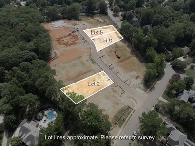 Aerial view of a residential development with Lots 2, 8, and 9 highlighted along a curved street under construction.