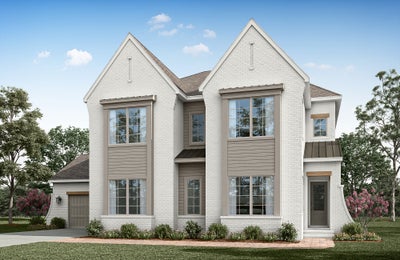 Two-story white brick home with dual peaked gables, large windows, and attached garage