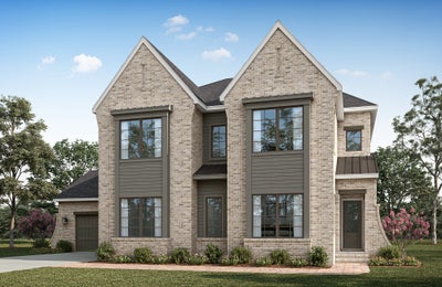 Two-story brick home with dual peaked rooflines, large windows, and attached garage on landscaped lot