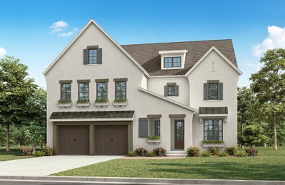 Two-story white brick home with two-car garage, dormer window, and window boxes with flowers