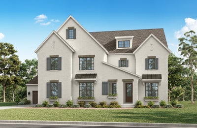 Two-story white brick home with gray shutters, dormer windows, and attached garage with landscaped front yard